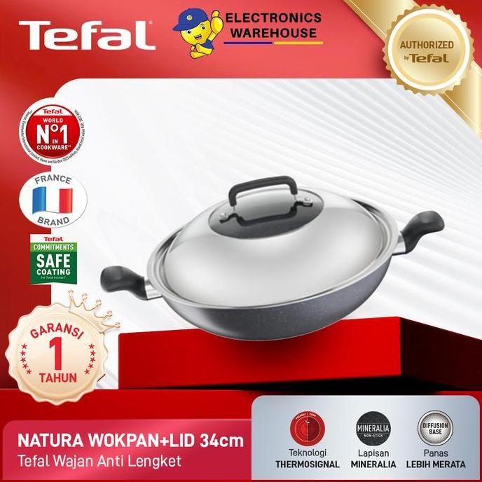 Tefal Wajan Kuali Penggorengan Anti Lengket Natura Wokpan 34cm + Lid