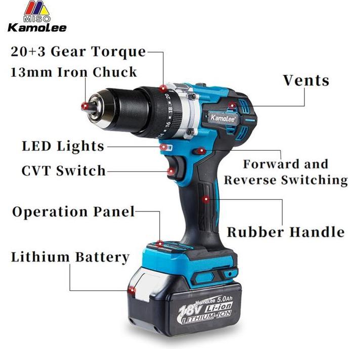 Diskon Mesin Bor Baterai Kamolee Cordless Impact Drill Pro Torsi Max 650N.M