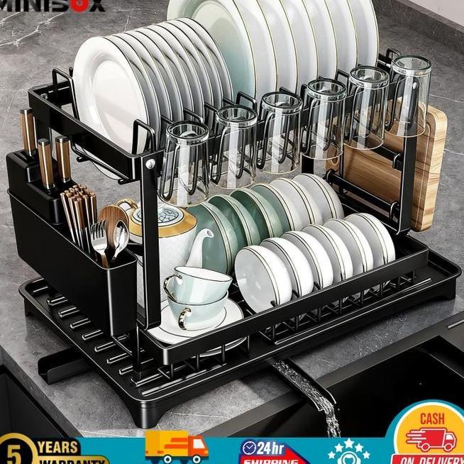 Minimalisbox Rak Piring Stainless Steel Ganda Lapisan Dapur Rak Piring Dengan Piring Aspal Rak Cangk