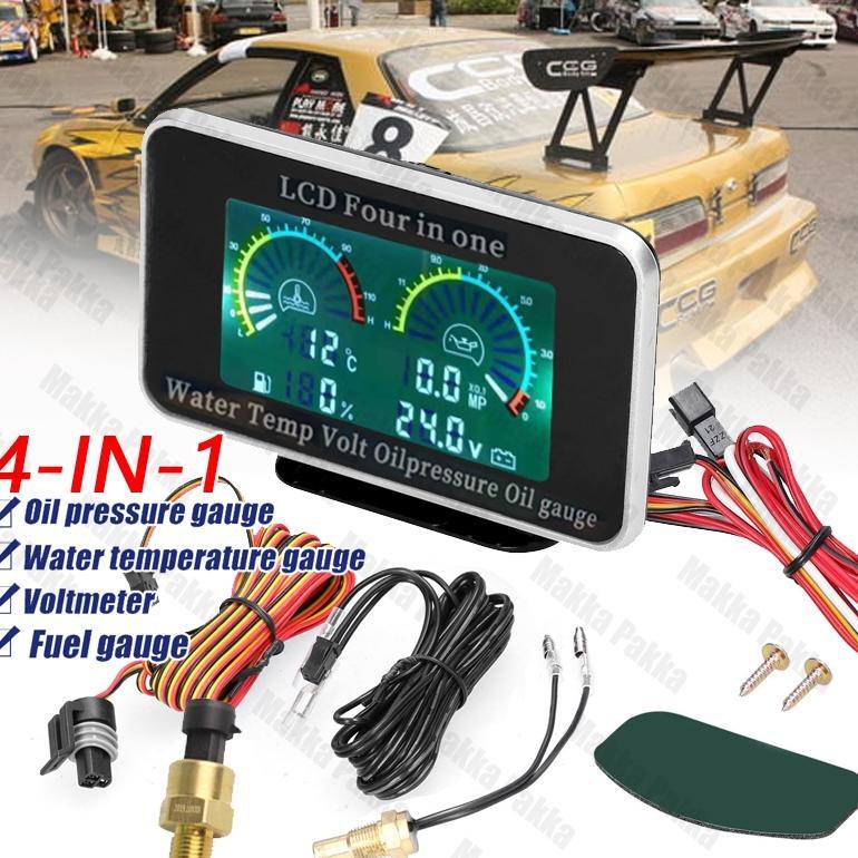 4 in 1 Pengukur Bahan Bakar Suhu Air Tekanan Minyak Pengukur Digital LCD Mobil Car LCD Digital Meter