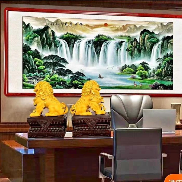 Patung Fu Dog Emas Sepasang Pajangan Qilin Singa Fu Hoki Hongsui Kayu