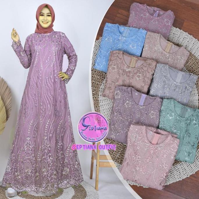 Septiana- Gamis Brukat Tile Mutiara Motif Akar Dress Burkat Tile Kondangan Elegan Simple Maxi Mewah 