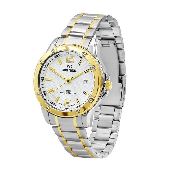 Mirage Watch - Jam Tangan Mirage Pria Analog 8804 M Silver Gold Tanggal Aktif Formal Bergaransi