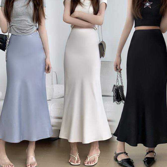 #LOVELIA Rok Fishtail Satin Silk Asetat Gaun Panjang Pinggang Tinggi Kecil Baru Rok Kondangan #8807 