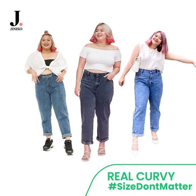 REAL CURVY - JINISO Jumbo Boyfriend Celana Jeans Wanita Warna Denim HighWaist