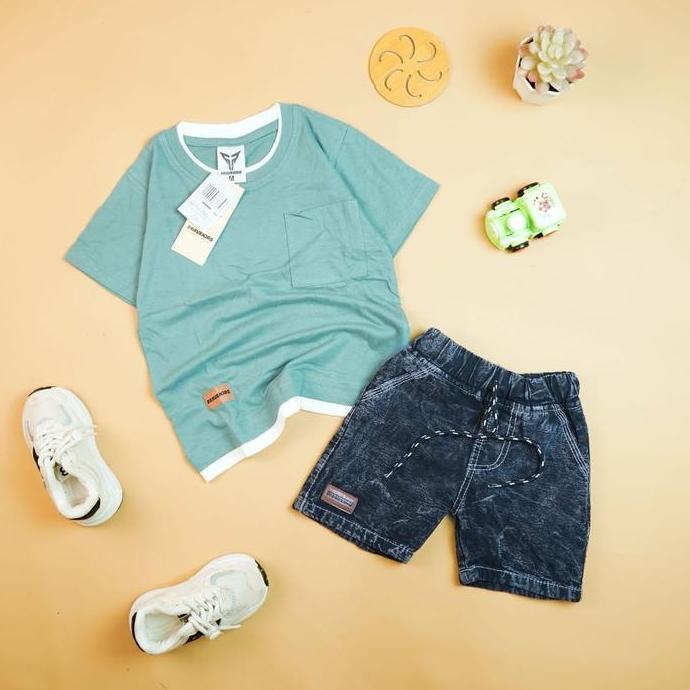 BRAVEKIDS - SETELAN KAOS POCKET TWO LAYER POLOS ANAK COTTON COMBED 24S CELANA DENIM Fashion