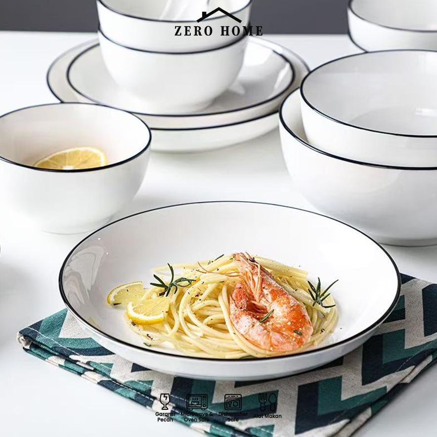 DISKON SET PIRING KERAMIK TEBAL LIST ABU 4 PCS ELEGANT MEWAH / PIRING SAJI CANTIK SULTAN MEWAH