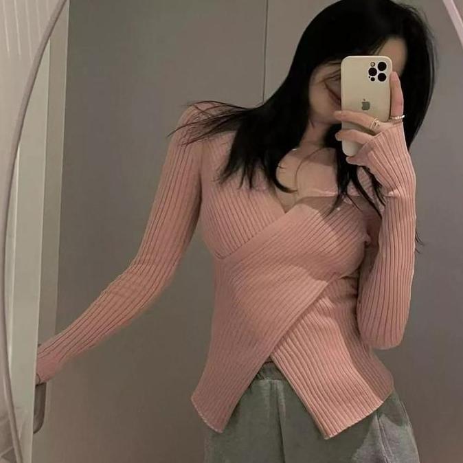 Jiso Knitwear Cardigan V-neck Korean Style Top Wrap Baju Atasan Rajut Cewek Dewasa Crop Lengan Panja