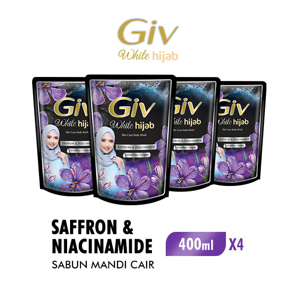 Giv White Hijab Sabun Mandi Cair Saffron & Niacinamide Pouch 400 ml x4
