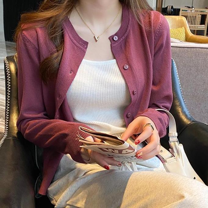 Kardigan rajutan tipis warna polos ramping lengan panjang serbaguna baru Knitwear Wanita Atasan Card