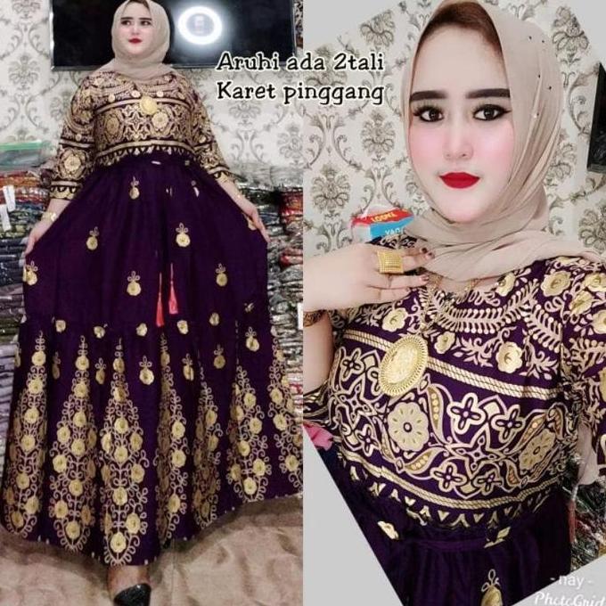 Gamis India Aruhi Viral Katun Rayon Motif Muslim Panjang, All Size Standart & Jumbo LD 110120 PB 135