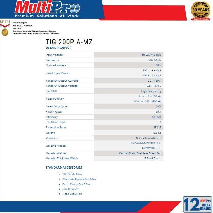 MULTIPRO MESIN LAS INVERTER TIG200P A-MZ MULTIPRO TIG 200P A-MZ