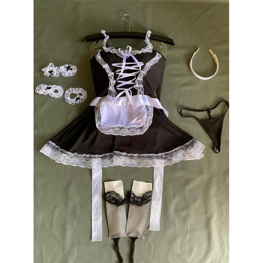 Nyaman- Az 115 Kostum Maid Hitam Kombinasi Kostum Pelayan  Baju Tidur Gaun Bahan Spandex Pita Putih 