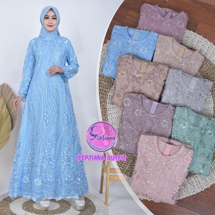 Septiana- Gamis Brukat Tile Mutiara Motif Akar Dress Burkat Tile Kondangan Elegan Simple Maxi Mewah 