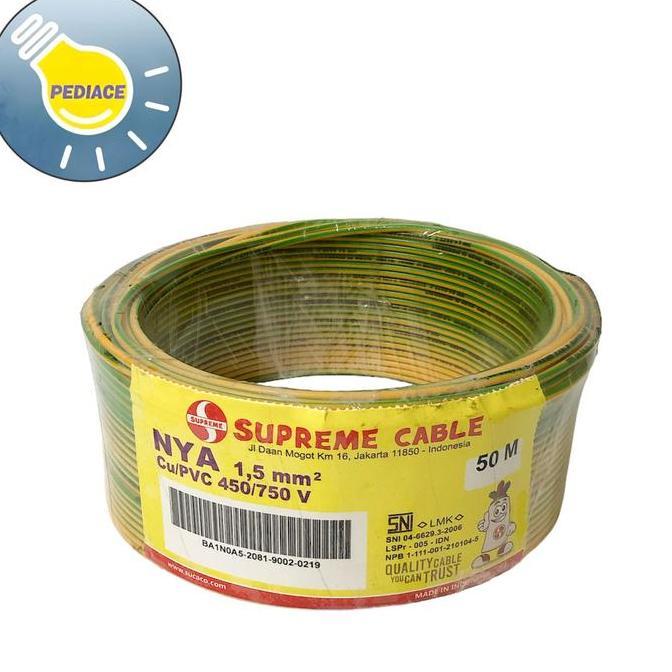 Kabel Tunggal Kawat NYA 1.5mm SUPREME Warna Kuning Hijau 1 Roll 50M