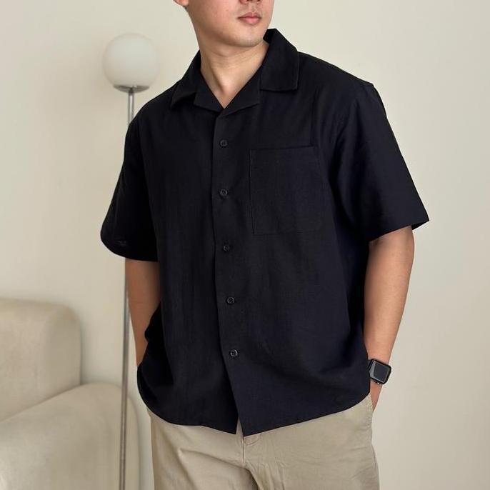COZYCLUB CUBAN BOWLING Shirt Linen Premium | Kemeja Bowling Kerah Terbuka Lengan Pendek Baju Dark Gr