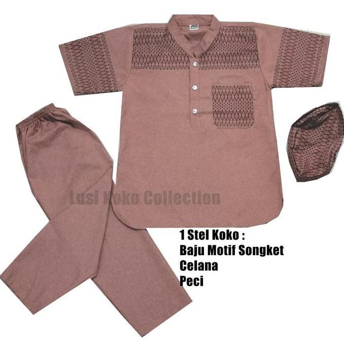 Baju Koko Setelan Anak Katun Madinah Motif Songket 20 Muslim