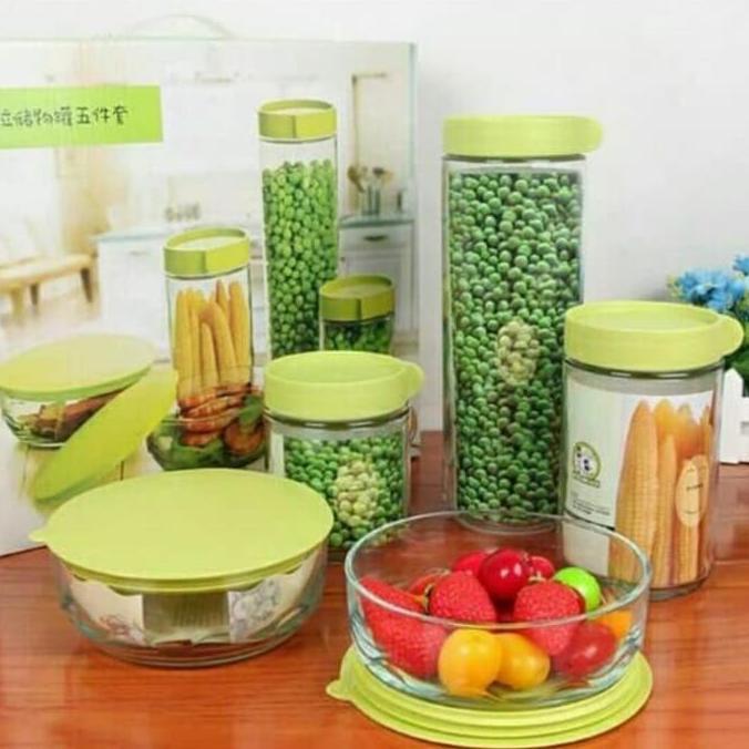 Termurah / Hot Sale Toples Kaca Set Modern Kekinian Isi 5 Pcs Toples Dan Mangkok Kaca Set
