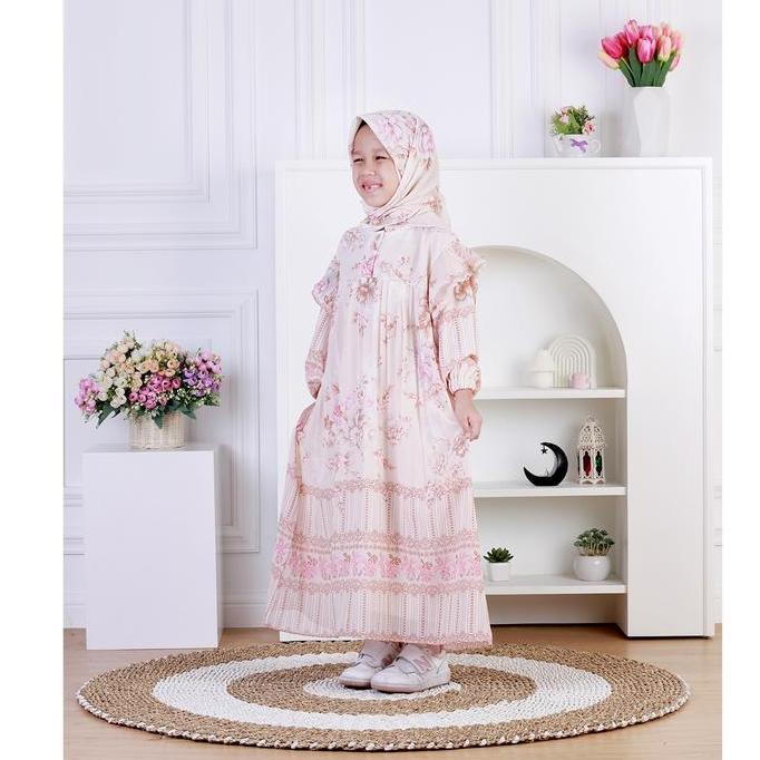 Dungdungkids Gamis Anak Vanesha Ceruty Motif Bunga Plisket Free Jilbab Segi Empat 5 - 11 Tahun