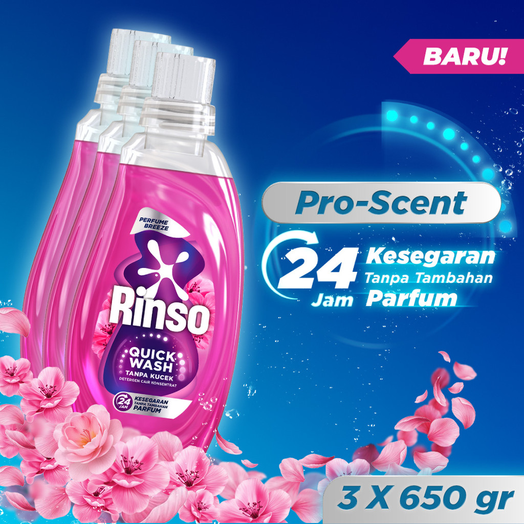 [BARU] Rinso Botol Detergen Cair Pro-Scent 650g x3 - Baju Bersih Cuci Cepat Tanpa Kucek Wangi Tahan 