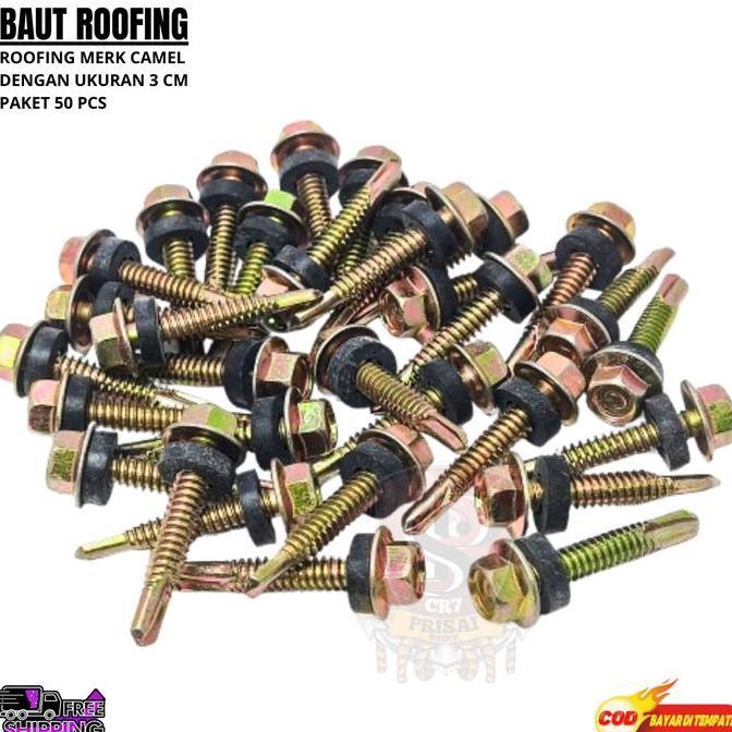 Nutbolt- Paket 50Pcs Baut Roofing Ukuran 3Cm/Skrup Roofing Kuning 1 1/4''In Baut Roofing 3Cm