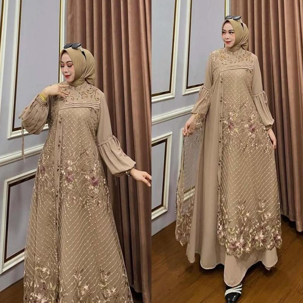 Premium Klarissa Dress Baju Dress Jumbo Ld 120 Ceruty Mix Tile Bordir Bunga Payet Mutiara Cantik Gam