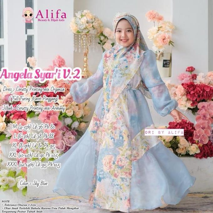 Angela Vol 2 Maudy Set Kid syari Terbaru Edisi Lebaran Usia 4-12 Tahun Bahan Ceruty Printing