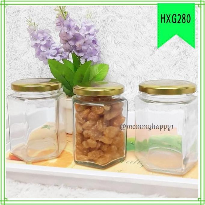 HXG280 | Jar / Botol / Toples Kaca Hexagonal 280-320 ml Tutup Gold