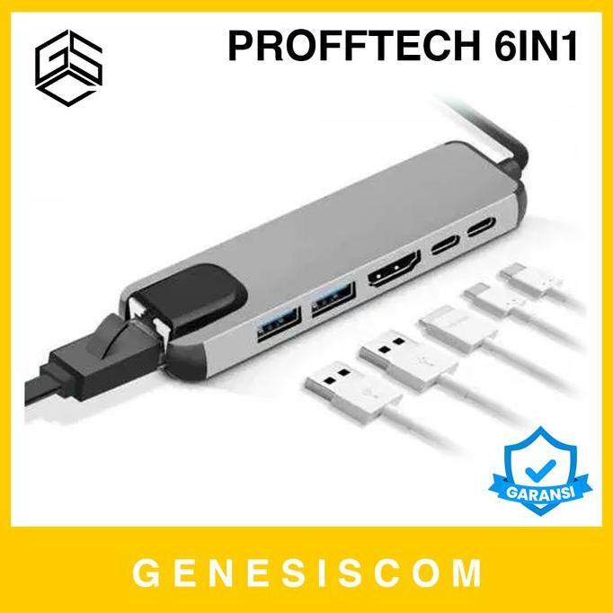 TERBARU - USB Hub PROFFTECH 6in1 Type C to HDMI+LAN RJ45+USB3.0+Tipe C PD Macbook - 3.0 Adapter Adap