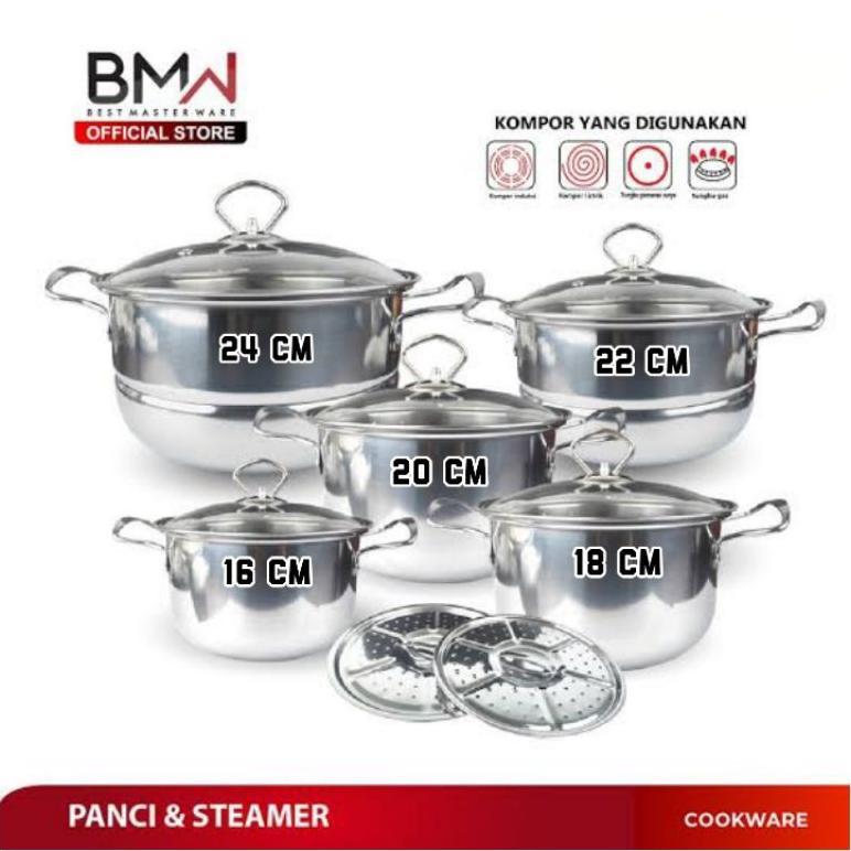 DISKON PANCI SET HIGH POT STEAMER 12PCS BMW/ PANCI SET ISI 5 TUTUP KACA+STEAMER