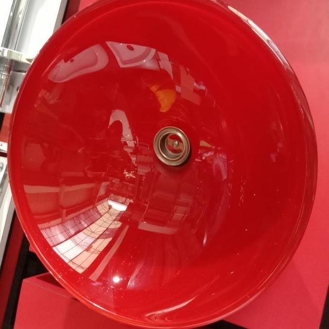 wastafel kaca tempered glass merah bulat