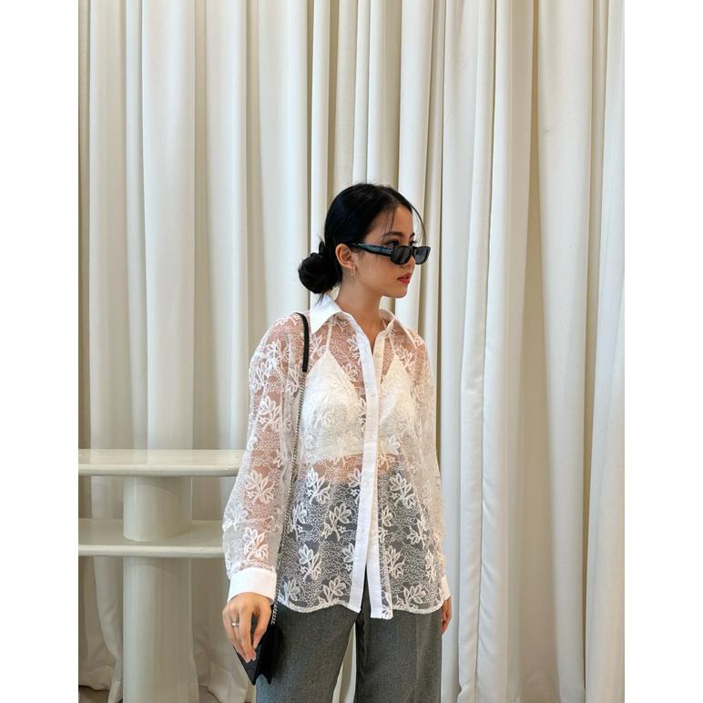 CUMA HARI INI Amara Lace Sheer Kemeja Outer Top blouse korean transparan