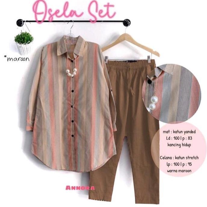 AL-DHARREN TUNIK SETELAN CELANA MOTIF GARIS LD 110 Baju Atasan Katun Rayon Panjang Wanita Muslim ove