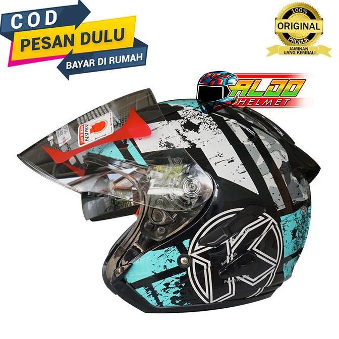 NEW HELM KYT GALAXY FLAT R MOTIF #5 BLACK AQUA BLUE / NEW SERIES KYT / KYT HALF FACE / HELM CEWEK CO