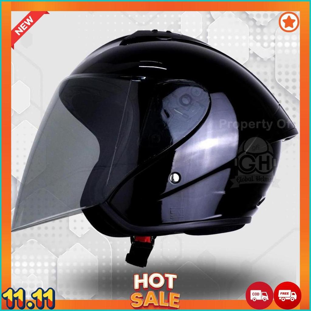 Helm Gm G1 Solid Black Glossy Half Face Single Visor Sni Ori [H2]