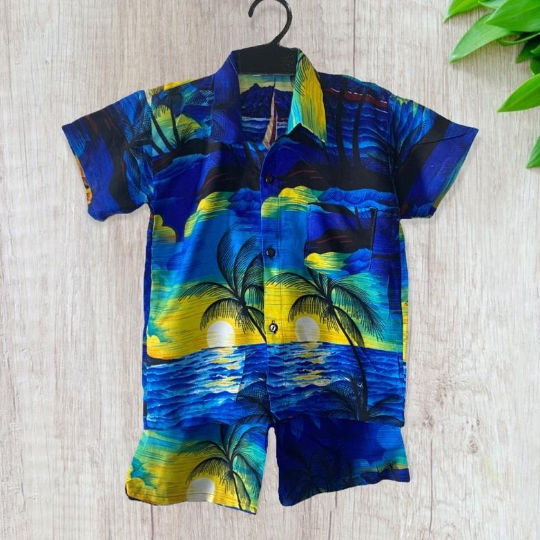 Spesial Ramadhan SETELAN KEMEJA ANAK MOTIF PANTAI HAWAI BALI | SETELAN HEM ANAK  | HEM PANTAI ANAK