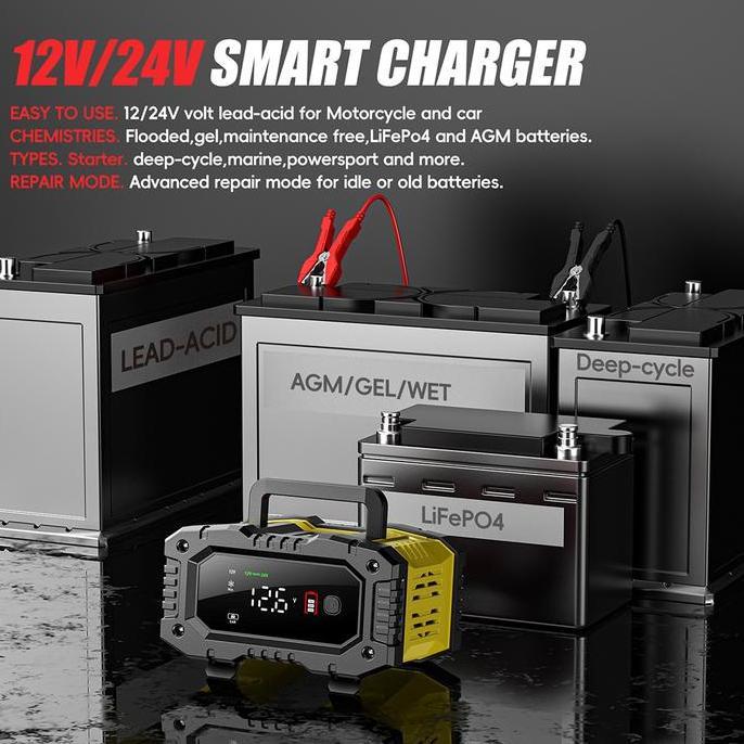 Sale Foxsur Fpt-100 Smart Charger Aki 12V-10A 24V-5A 150W Lifepo4 7-Stage Intelligent Mobil Motor