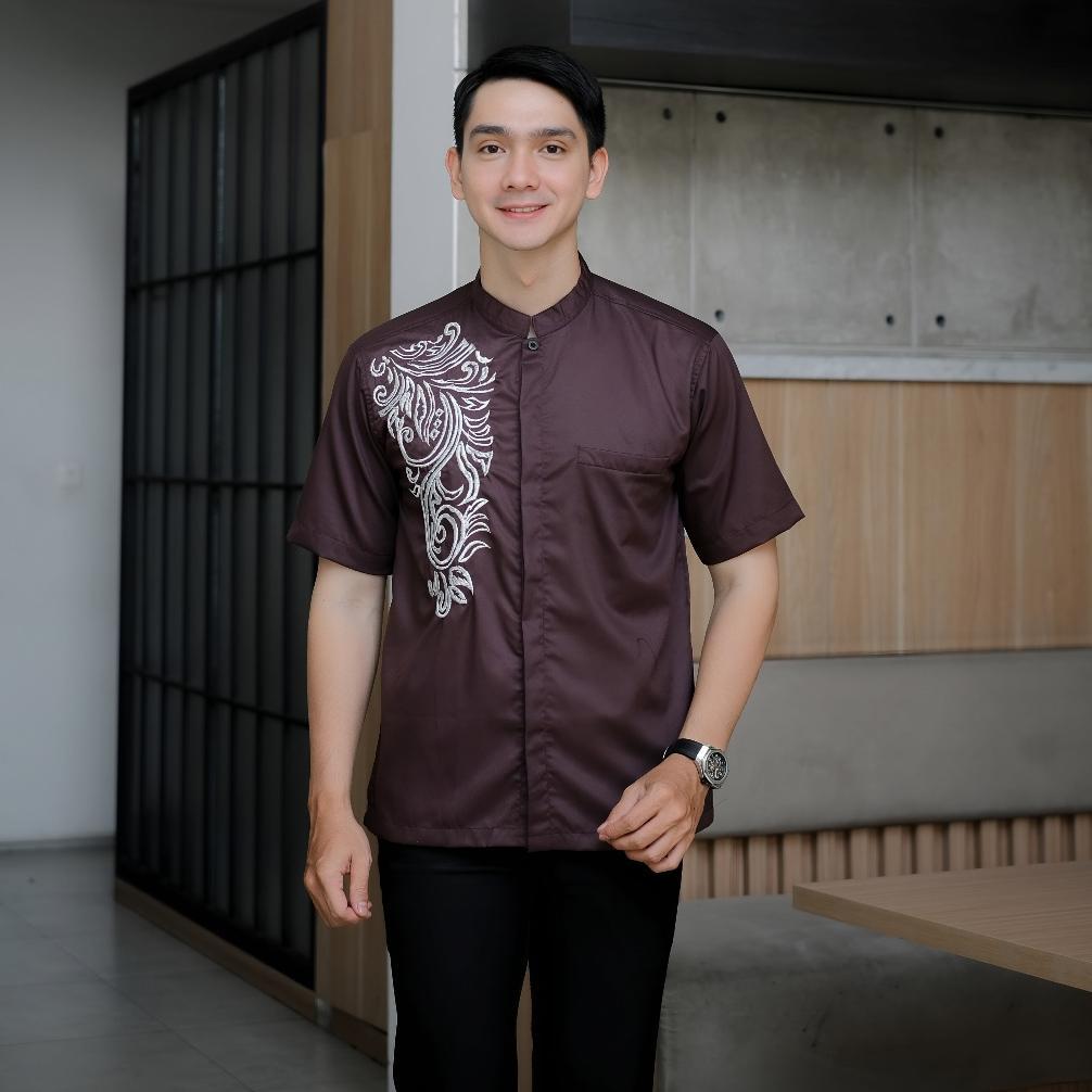 FAVORIT Bastoh Baju Koko Pria Lengan Pendek Kemeja Koko Bordir Gold Maru Hitam Dewasa