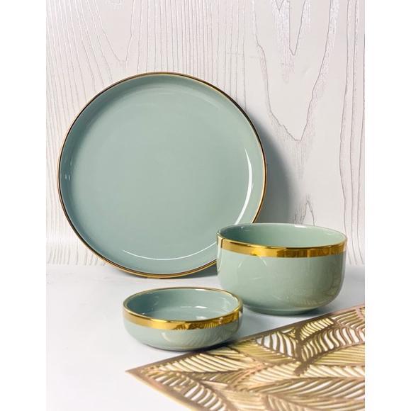 Piring Set 1 Orang Piring Makan Set Light Green Gold Isi 3 Pcs / Piring Set Keramik List Emas / Piri
