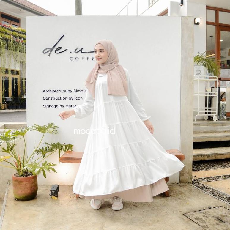 Midi Dress Susun Kerah Renda Katun Rayon Twill Premium Hitam Putih Babydoll Long Tunik Babyblue Rama