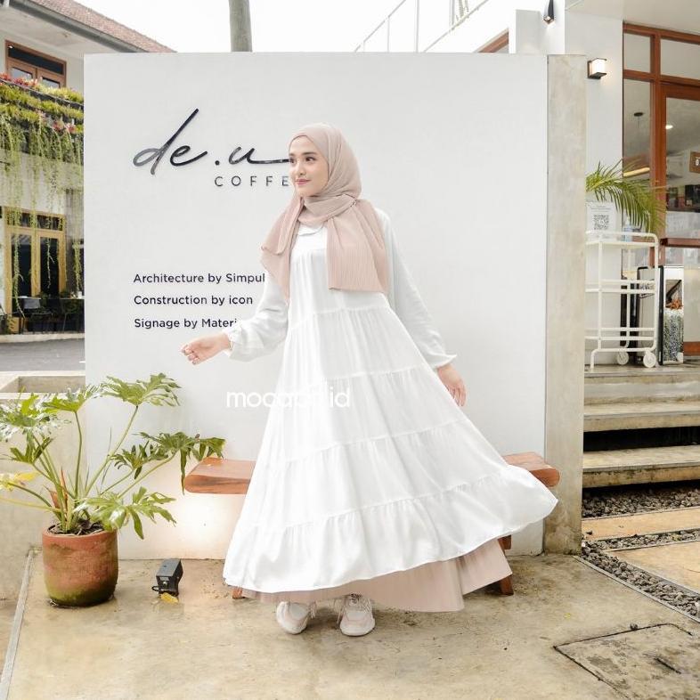 Midi Dress Susun Kerah Renda Katun Rayon Twill Premium Hitam Putih Babydoll Long Tunik Babyblue Orig