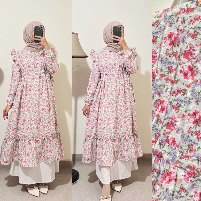[Cod] Tunik Midi Gamis Crepe Ceruty Babydoll Rayon Motif Bunga Busui Friendly - Midi Dress Ceruti Ke