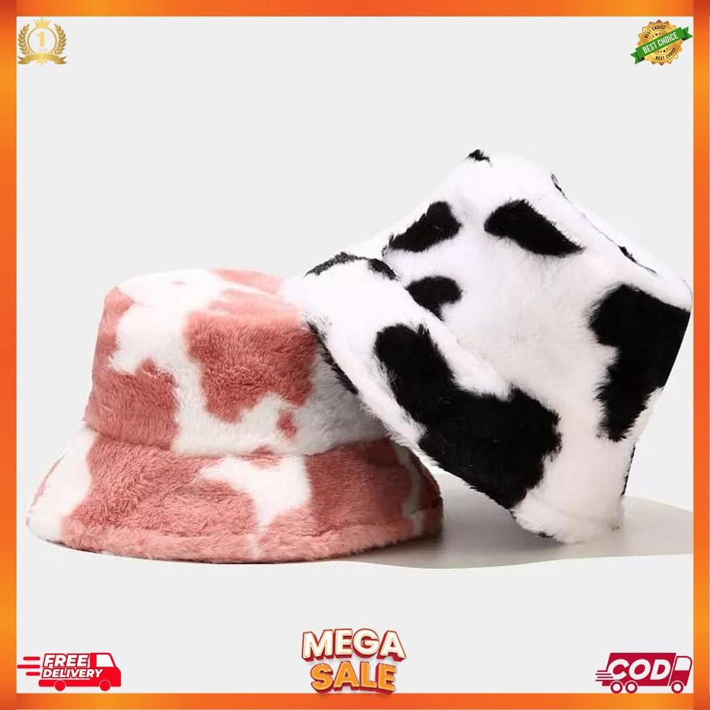 Topi Bucket Bulu Motif Sapi Belang/Bucket Hat Wanita/Fasyil [K2]