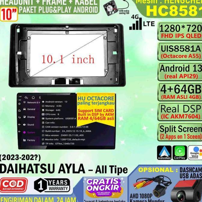 Murah Paket Headunit Android 10 Inch + Frame + Soket Pnp Daihatsu Ayla 2023 All Tipe Hengchen Uis858