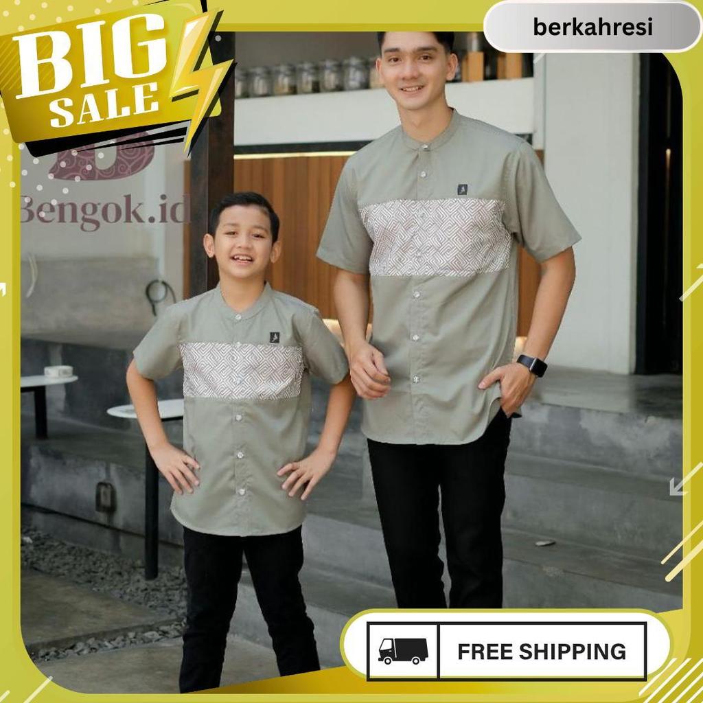 Baju Koko Lengan Pendek Couple Motif Kombinasi Batik Warna Hitam  Couple Ayah Dan Anak Premium Warna