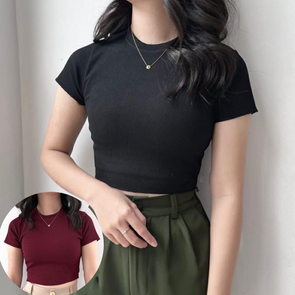 HOT DEALS KAOS BASIC CROP TOP / BAJU WANITA BASIC CROP KNIT RIB BAHAN ADEM / JOANA FASHION