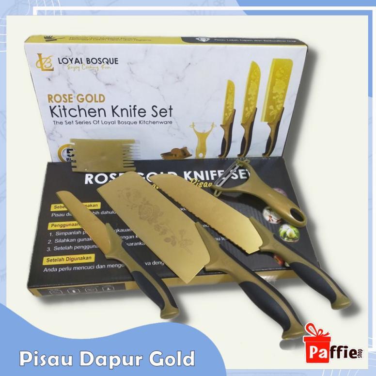 NEW PROMO Pisau Set 5-in-1 Gold Motif Bunga Stainless Steel Tajam / PISAU SET GOLD / PISAU