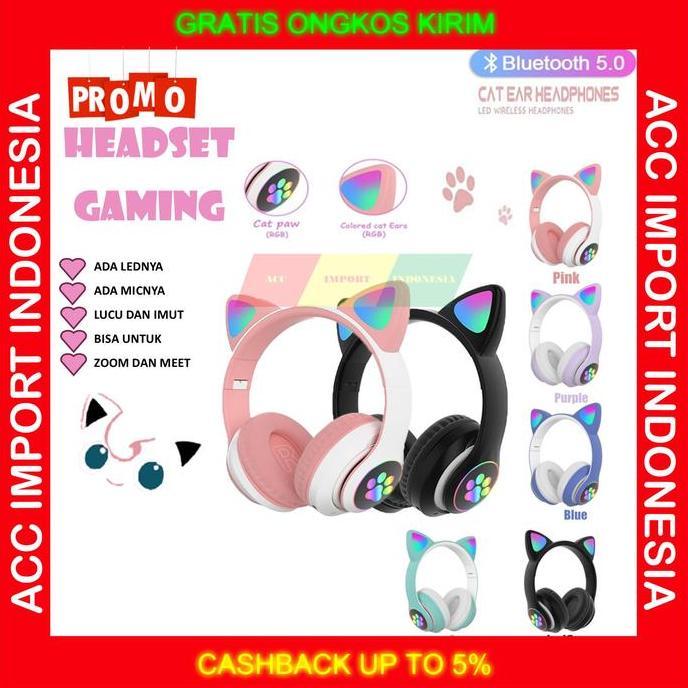 Odio- Headset Bluetooth Motif Telinga Kucing Stn Headphone Cat Ear Pink Zoom
