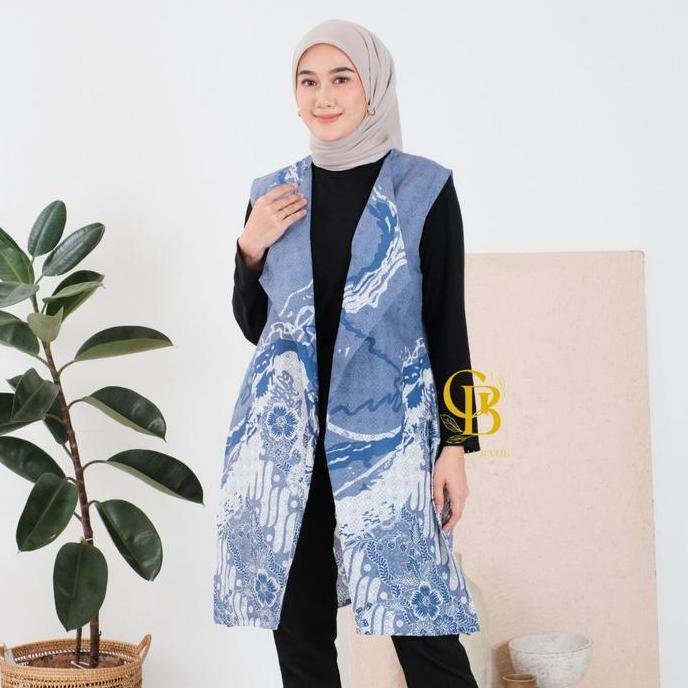 Long Cardi Atasan Batik Wanita Modern Outer Panjang Tanpa Lengan