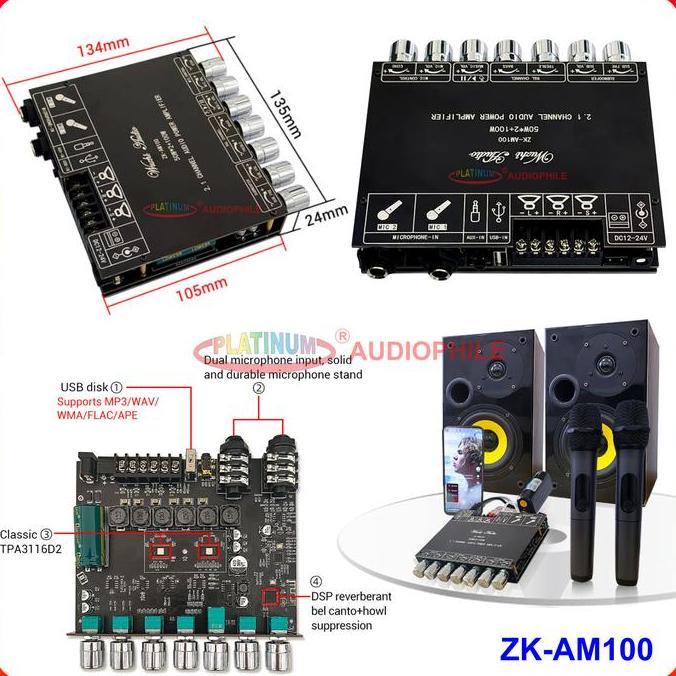 TPA3116 Amplifier Karaoke Echo Microphone Bluetooth TWS 2.1 CH Original ZK-AM100 AM100F